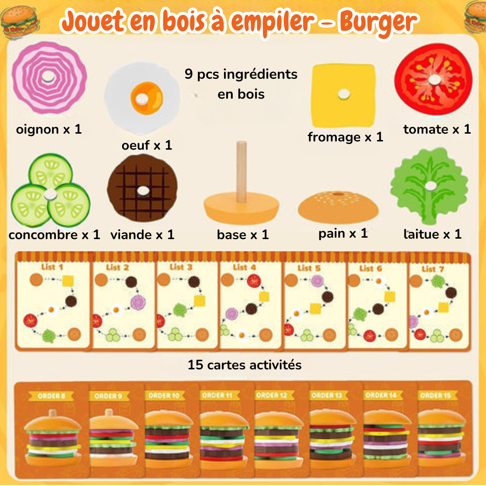 Jouet Burger à Empiler Montessori – Imaginer, Assembler, Grandir en S’Amusant